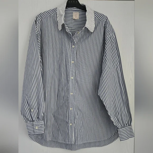 Doen X Gap Cotton Striped Blue Button Down Eyelet Lace Collar Shirt Size Medium - Picture 3 of 11